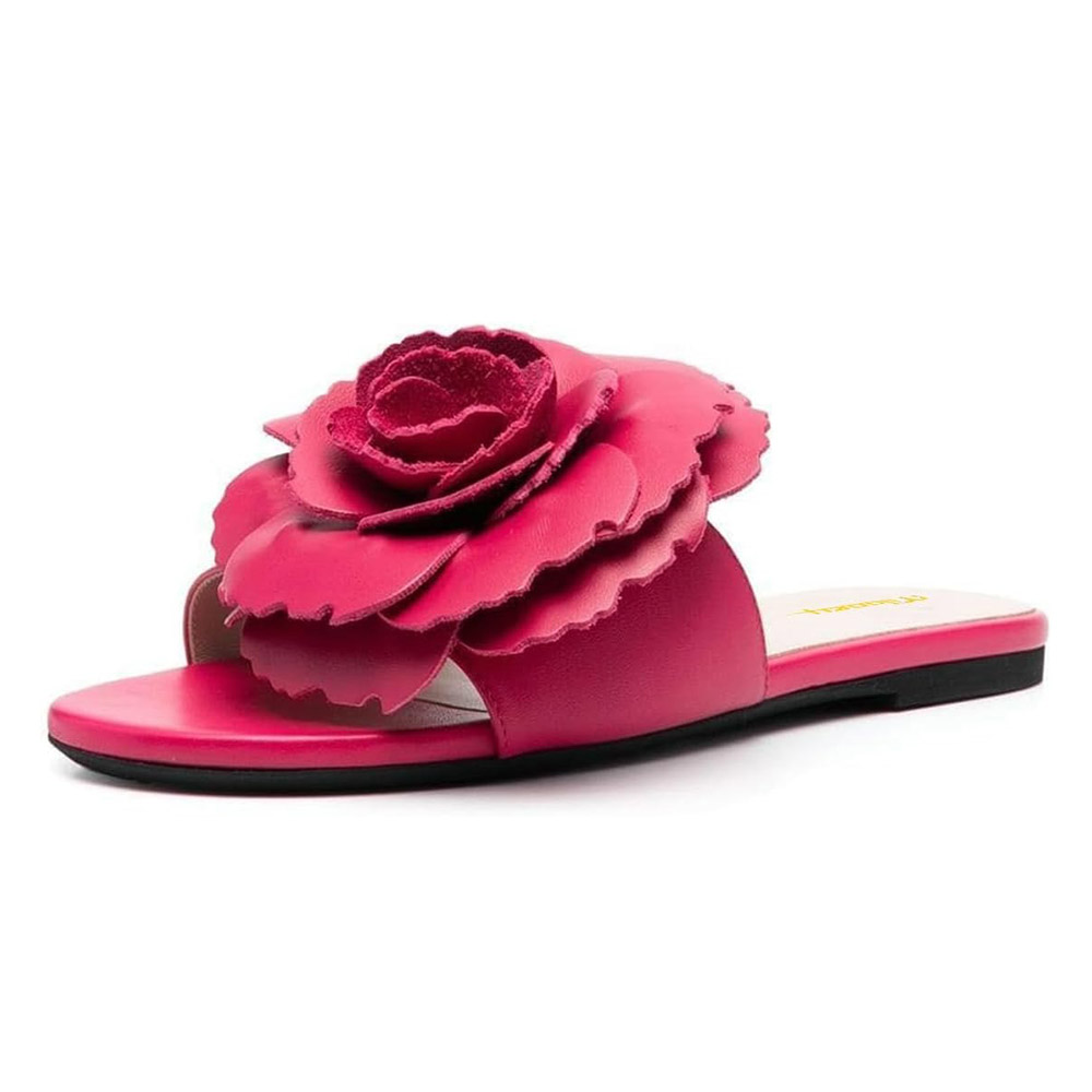 Elegant Fuchsia Round Toe Flower Flat Slip On Sandals for Women Nicepairs
