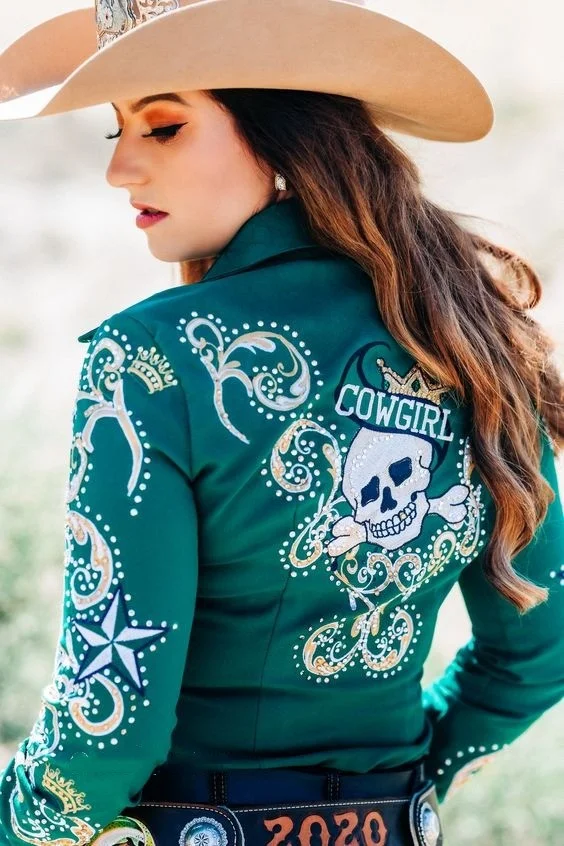 Cowgirls Skull Embroidered Print Green Shirt