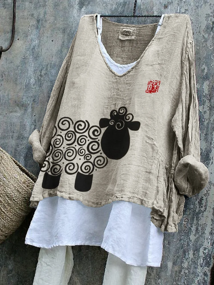 Comstylish Curly Sheep Lino Art Flowy Linen Blend Tunic