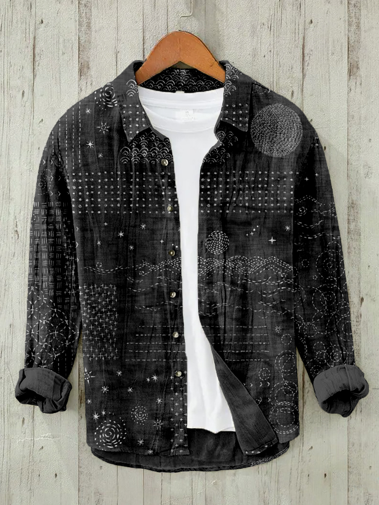 menweary Vintage Japanese Sashiko Art Linen Blend Cozy Blouse