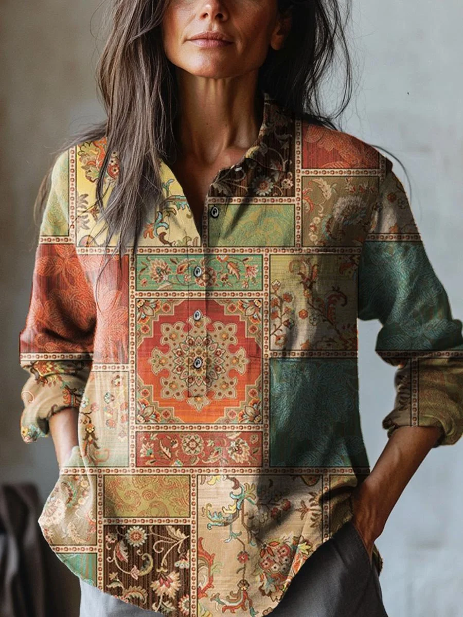 Women's Vintage Lovely Floral Art Print Casual Cotton And Linen Shirt