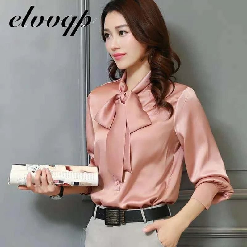 Plus Size Loose Korean Tops Spring Autumn Satin Chiffon Blouse Women Fashion Long Sleeve Shirt Office Lady Clothes With Bow