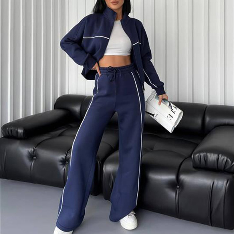 Casual Set Long Sleeve Half High Neck Cardigan Sweatshirt Lace Up Striped Pants