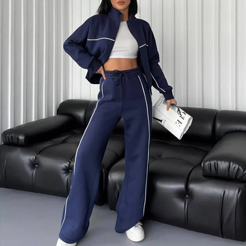 Casual Set Long Sleeve Half High Neck Cardigan Sweatshirt Lace Up Striped Pants