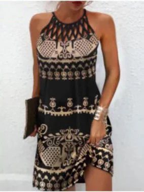 Vintage Printed Sleeveless Hollow Crew Neck Dress