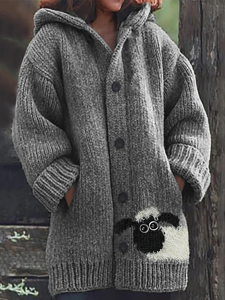 VChics Fuzzy Sheep Peeking Knit Cozy Hooded Cardigan