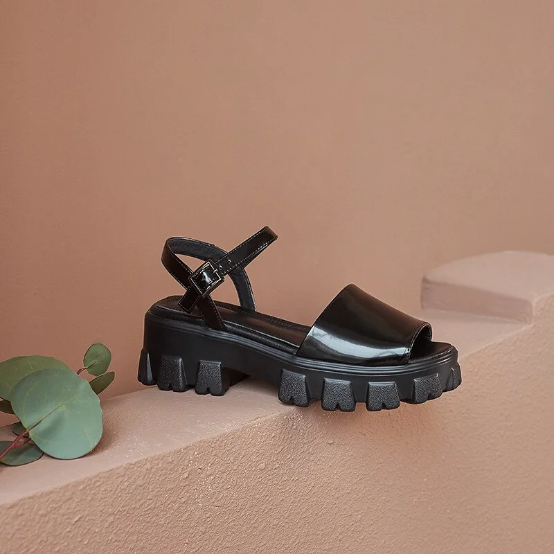 Woherb Women Sandals Fashion Genuine Leather Buckle Strap Leather Platform Sandals Thick Heel Summer Women's Shoes High (5cm-8cm)