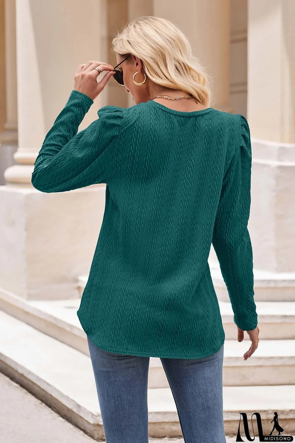 MidiSono - Round Neck Puff Sleeve Blouse