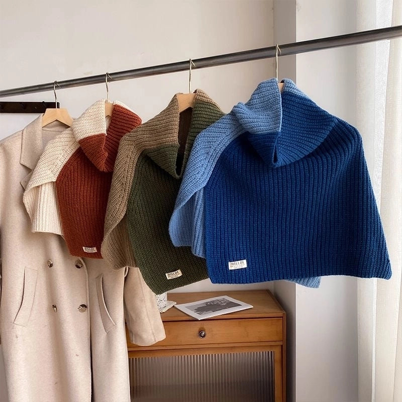 Korean Style High-grade Color Matching Turtleneck Collar Women's Autumn And Winter Versatile Pullover Scarf New Cape Knitted Shawl