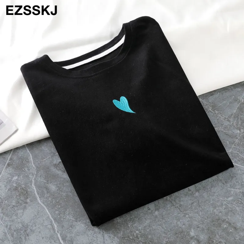 spring summer Women basic heart embroidery T-shirt Casual Loose short sleeve bottom candy color cotton T-shirt  Female Tops
