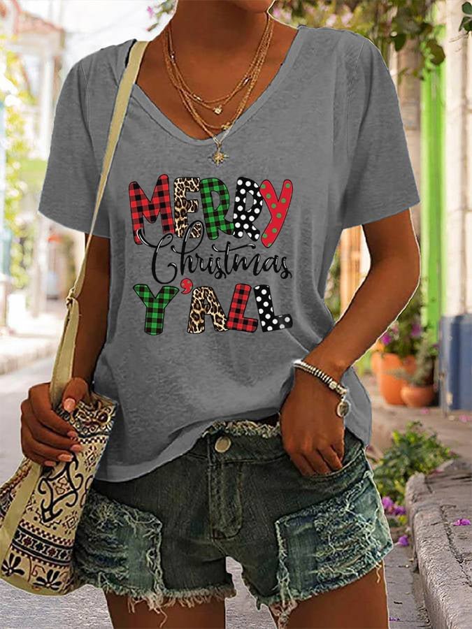 Women's Merry Christmas Yall Leopard Print Casual T-Shirt