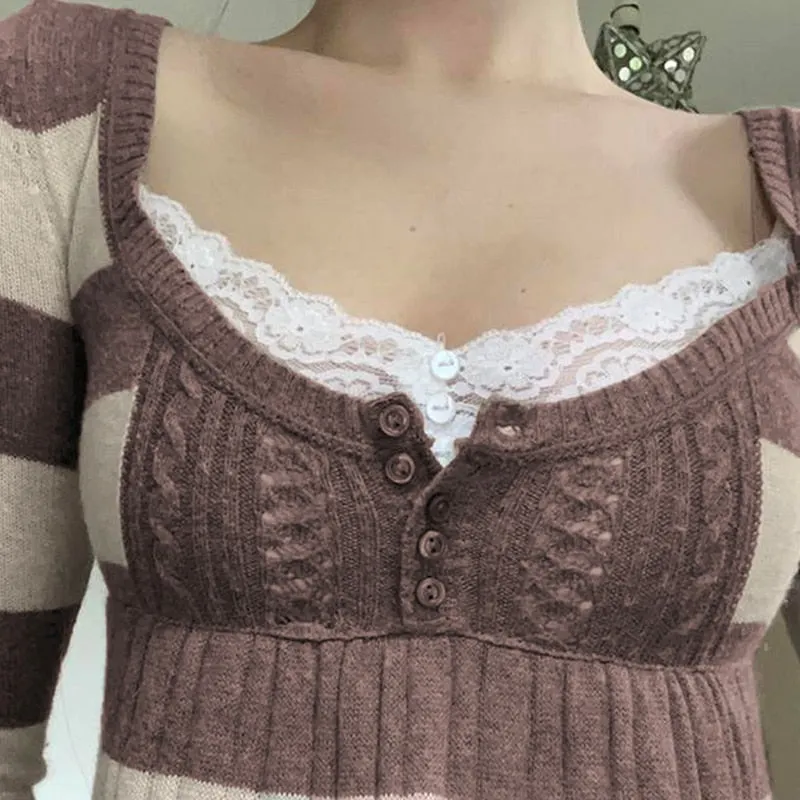 Rapcopter Y2K Striped Sweaters Button Cute Sweet Jumpers Prepply Full Sleeve A-Line Pullovers Knitwear Women Retro Korean Tops