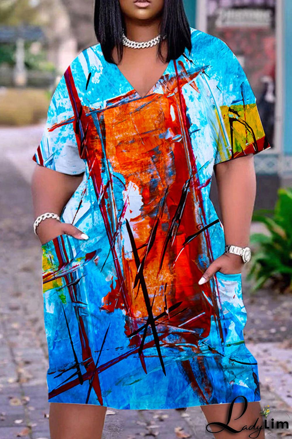 Khaki Casual Print Basic V Neck Short Sleeve Dress
