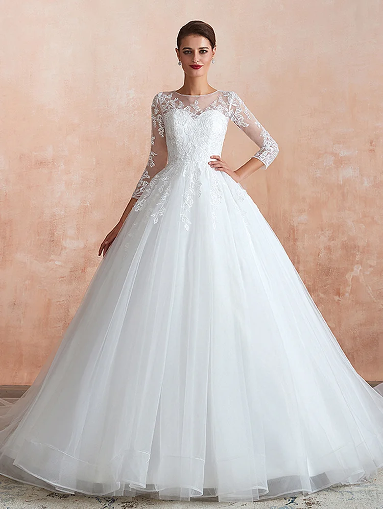 Women's Sheer Neck Long Sleeve Ball Gown Lace Bridal Wedding Dresses