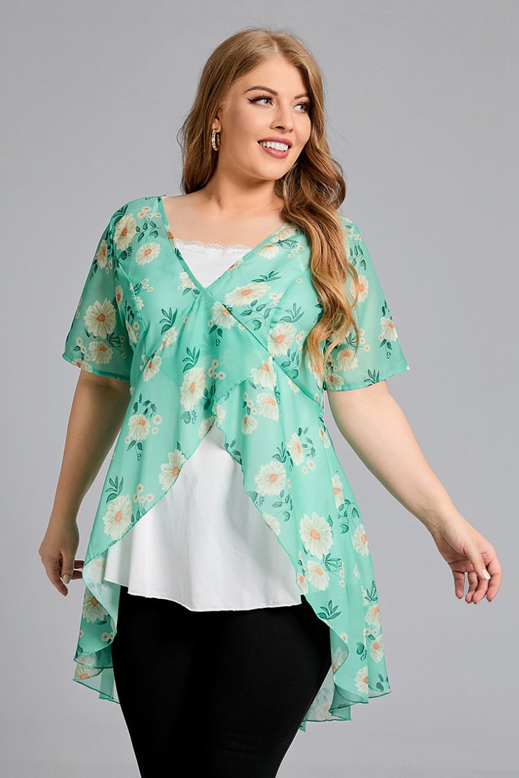 Flycurvy Plus Size Casual Green Floral Ruffle Two Piece Blouses  flycurvy [product_label]