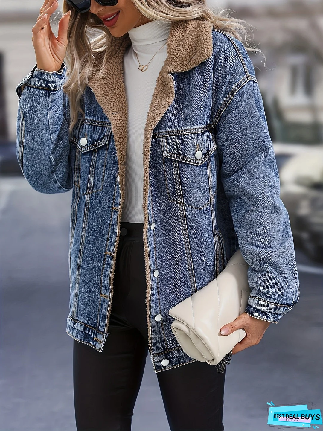Fleece Lined Single-breasted Long Sleeve Denim Jacket Lapel Slash Pocket Comfy Warm Winter Denim Coat, Women's Denim Jeans & Clothing