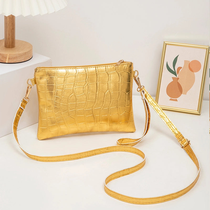 Women’s Pu Leather Solid Color Crocodile Classic Style Square Zipper Crossbody Bag