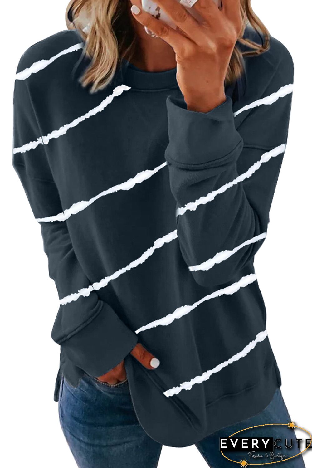 Striped Tie-dye Print Navy Sweatshirt with Slits