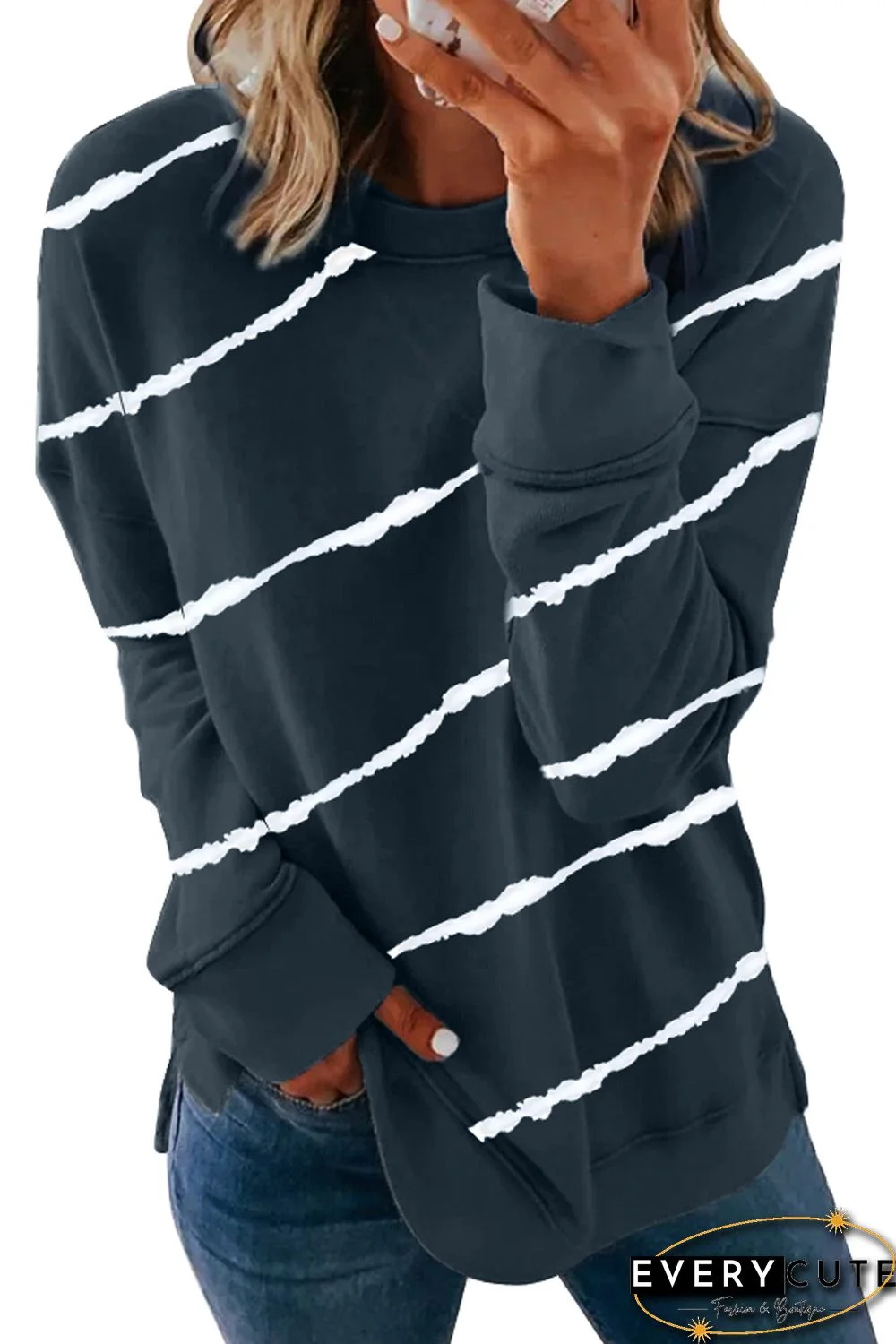 Striped Tie-dye Print Navy Sweatshirt with Slits