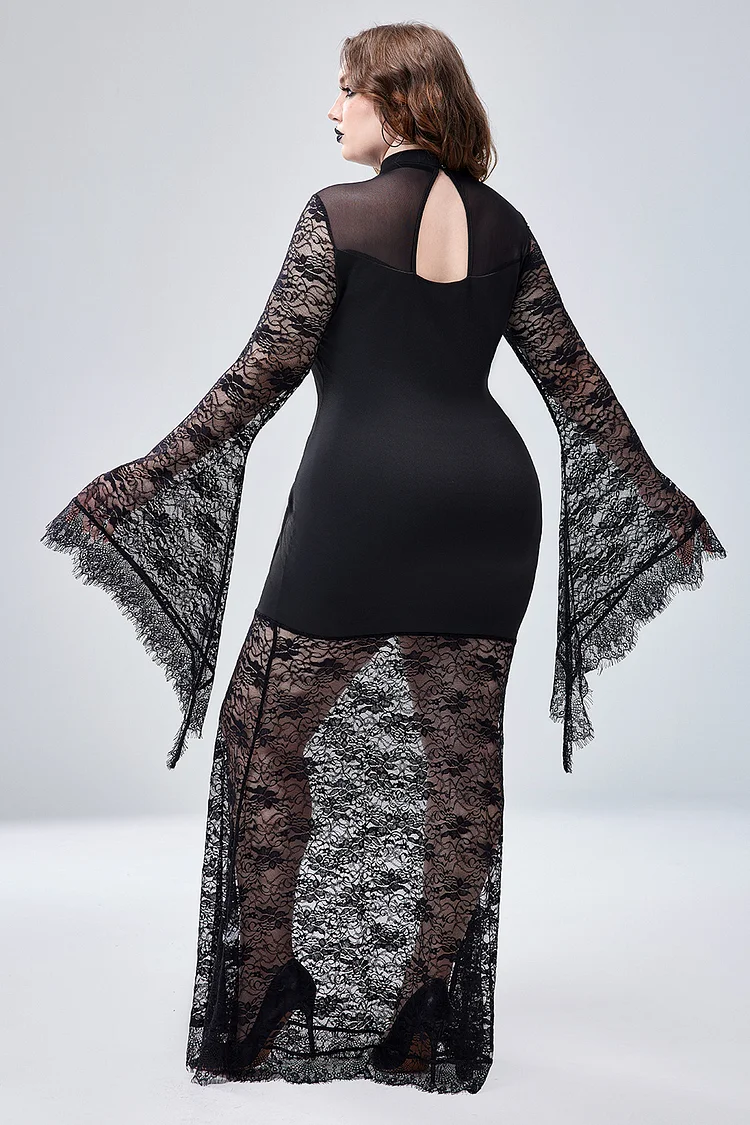 Xpluswear Design Plus Size Halloween Costume Black Trumpet Sleeve Lace Maxi Dress（Ships 24h）