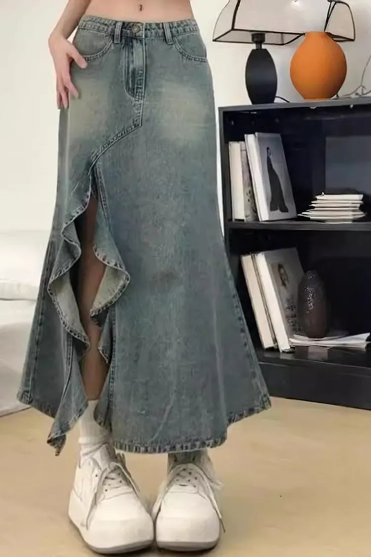 Retro High Waisted Denim Mermaid Maxi Skirt with Slit and Pockets