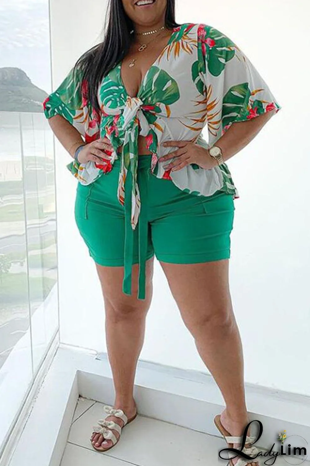 Green Fashion Casual Print Basic V Neck Plus Size Two Pieces