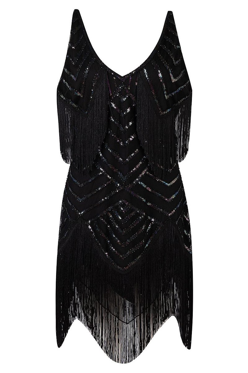 1920s Party Black Sequin Fringe V Neck Cami Mini Dress