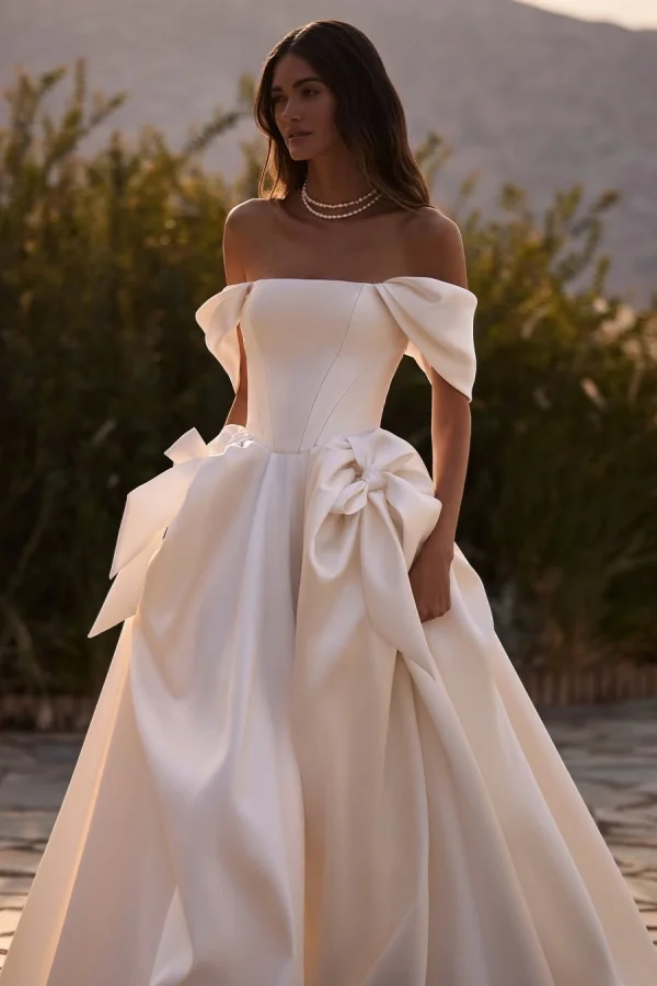 Elegant Cream Off-The-Shoulder Bow-Knot Satin A-Line Prom Dress YK0103