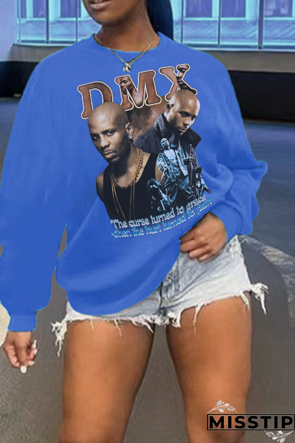 Blue Street Print Patchwork Letter O Neck Tops