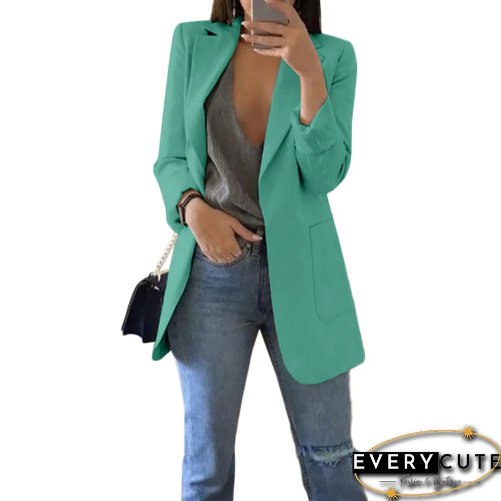 Green Turndown Collar Blazer With Pockets