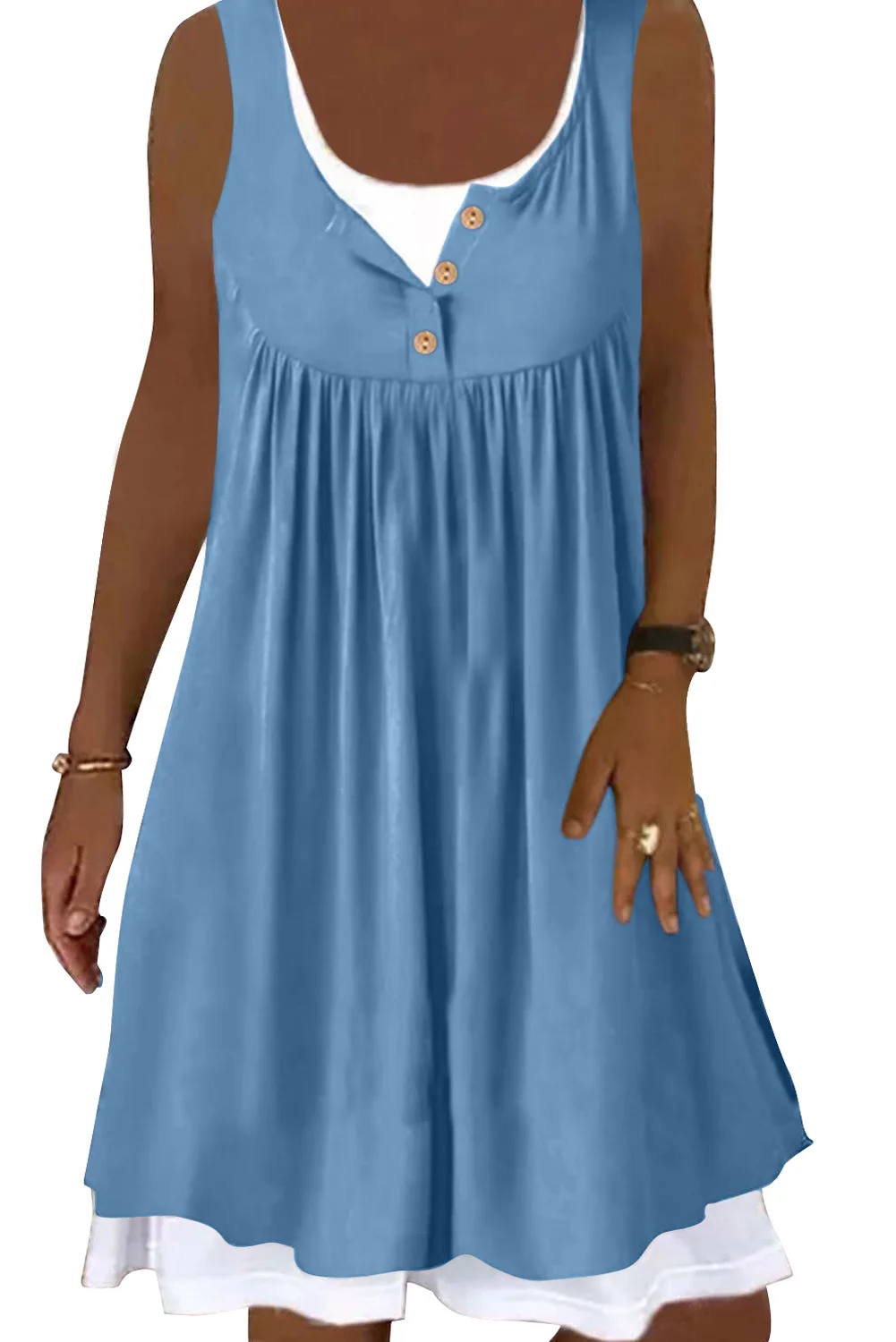 Sky Blue Ruffled Fake Two-piece Sleeveless Mini Dress | IFYHOME