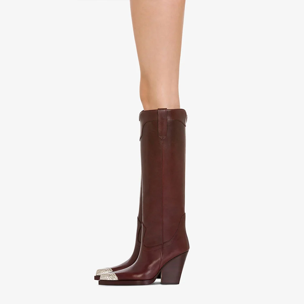 Maroon Pointed Toe Chunky Heel Pull Tab Cowgirl Boots
