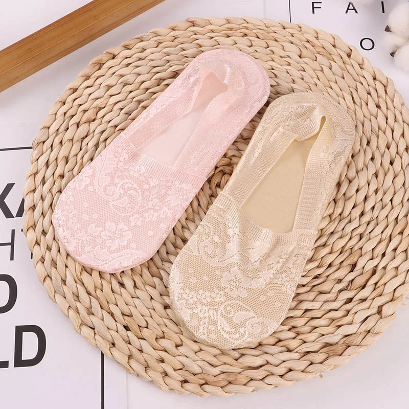 1/2 Pairs Fashion Women Girls Summer Socks Style Lace Flower No Show Short Sock Antiskid Invisible Ankle 2021 Sox Sock Slippers