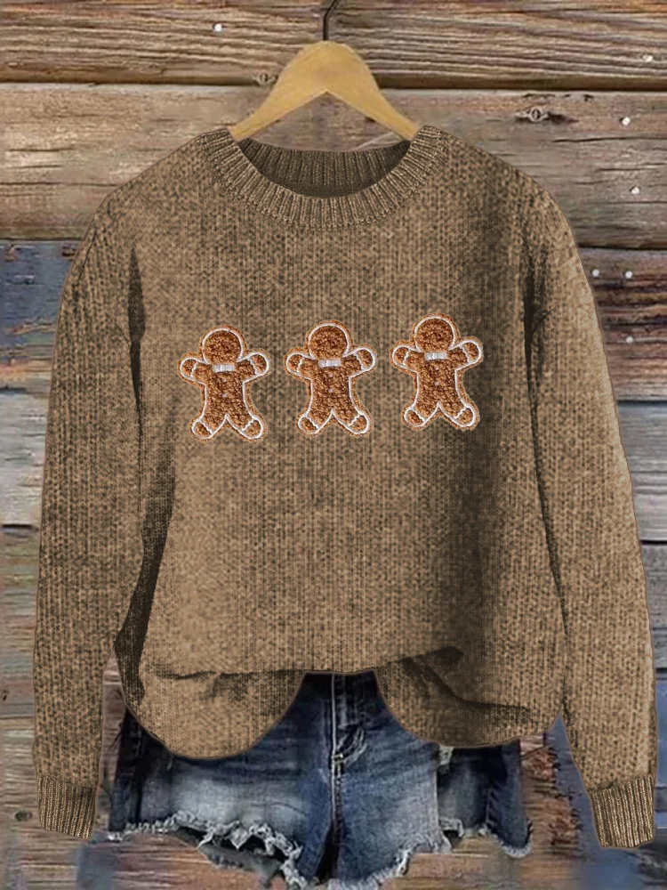 Christmas Gingerbread Fleece Applique Embroidered Cozy Sweater