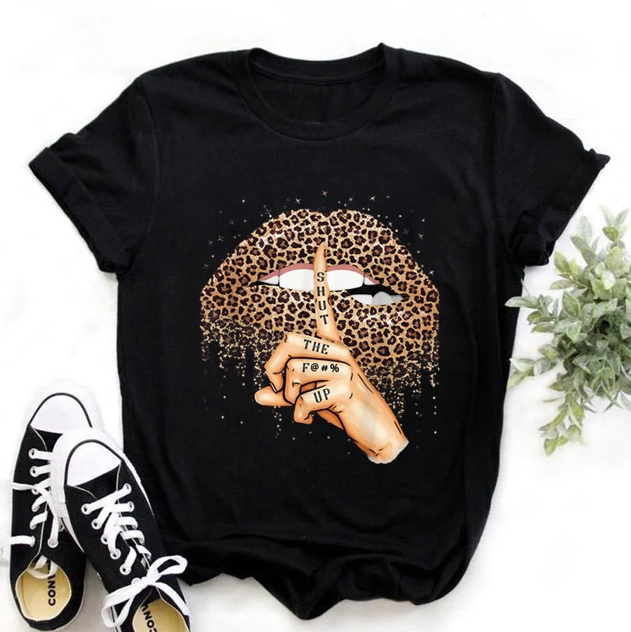 Summer Fashion Shirt Lips Leopard Graphic T Shirt Women Tops Base O-neckBlack Tees Kiss Leopard Lip Funny Girls Tshirt