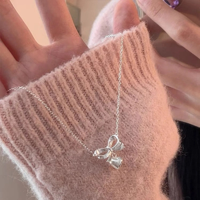 925 Sterling Silver Plating Bow Knot Pendant Necklace