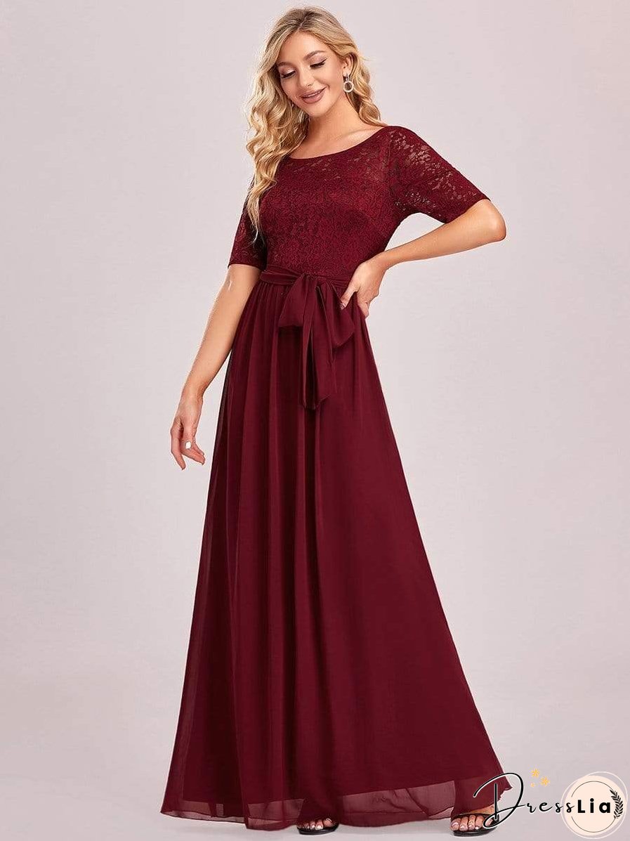 Sophisticated Lace Bodice Chiffon Maxi Evening Gown with Belt for Elegant Occasions