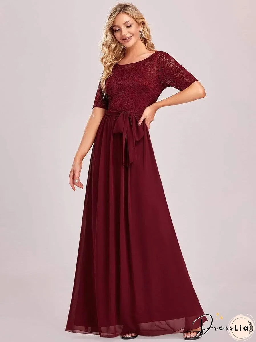 Sophisticated Lace Bodice Chiffon Maxi Evening Gown with Belt for Elegant Occasions