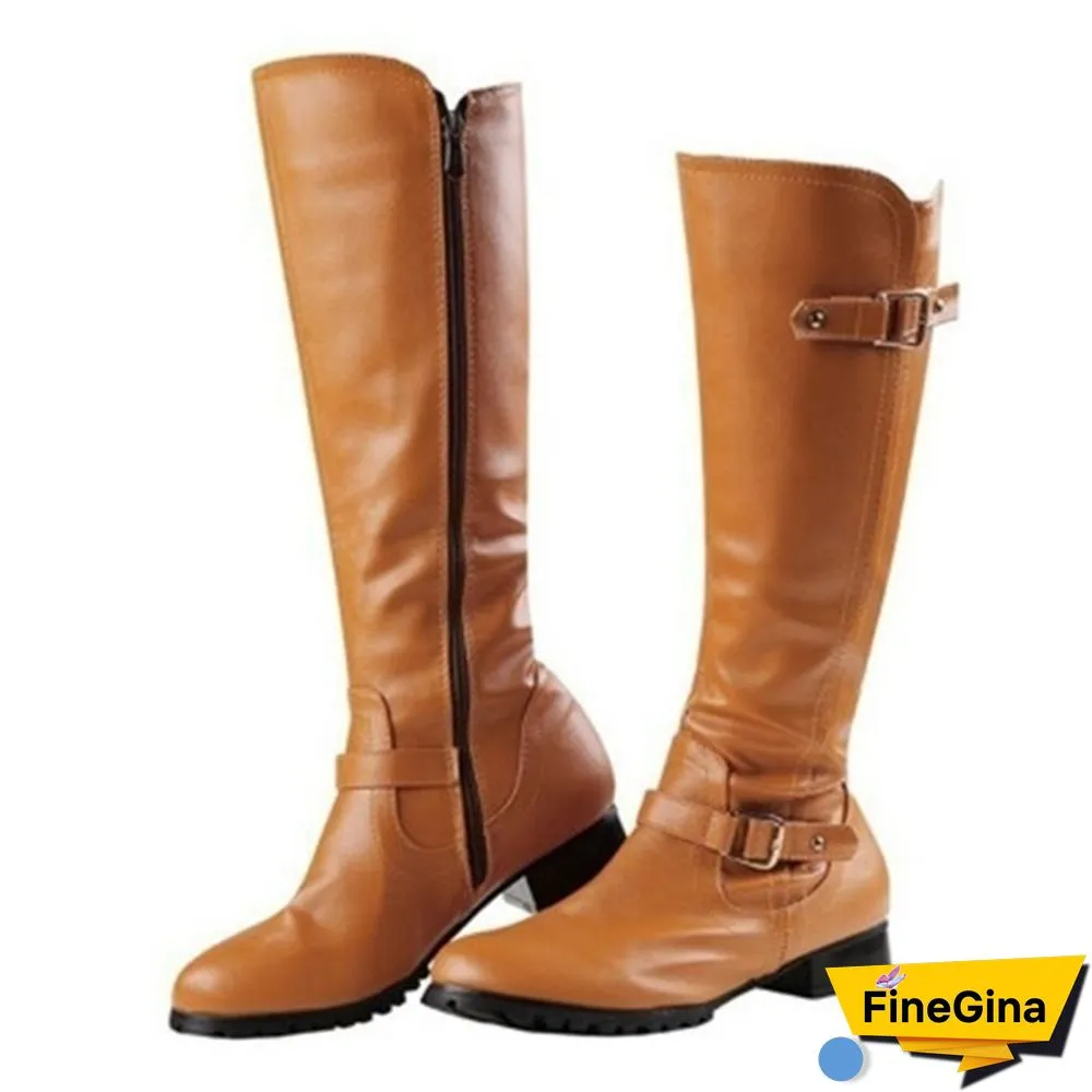 New Fashion Women Shoes Plus Size 34-43 Bottes Femmes Botas Mujer Kvinnoskor Cowgirls Military Combat Buckle Knee High Boots Genuine Leather Low Heel Women Knight Boots