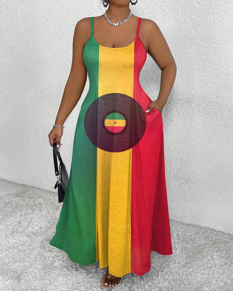 Sling Reggae Music Color Contrast Pocket Dress