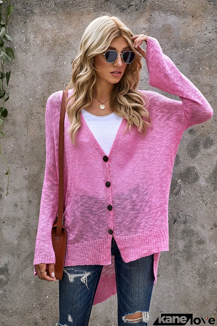 Cute Pink Loose Lightweight V Neck Buttoned Sheer Knit Cardigan