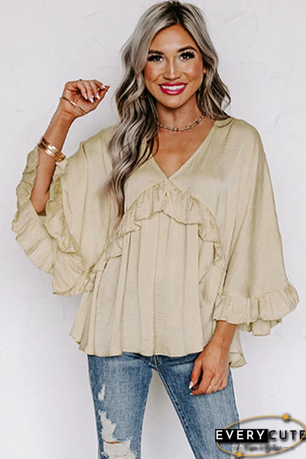 Apricot V Neck Draped Batwing Sleeve Ruffle Top