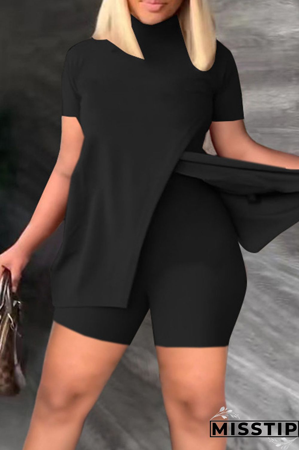 Black Casual Solid Patchwork Half A Turtleneck Short Sleeve Two Pieces