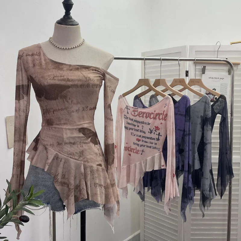 Uveng Tie Tie Net Yarn Oblique Shoulder Babes Sexy Body-On-Sleeve Horn Irregular Top 9955