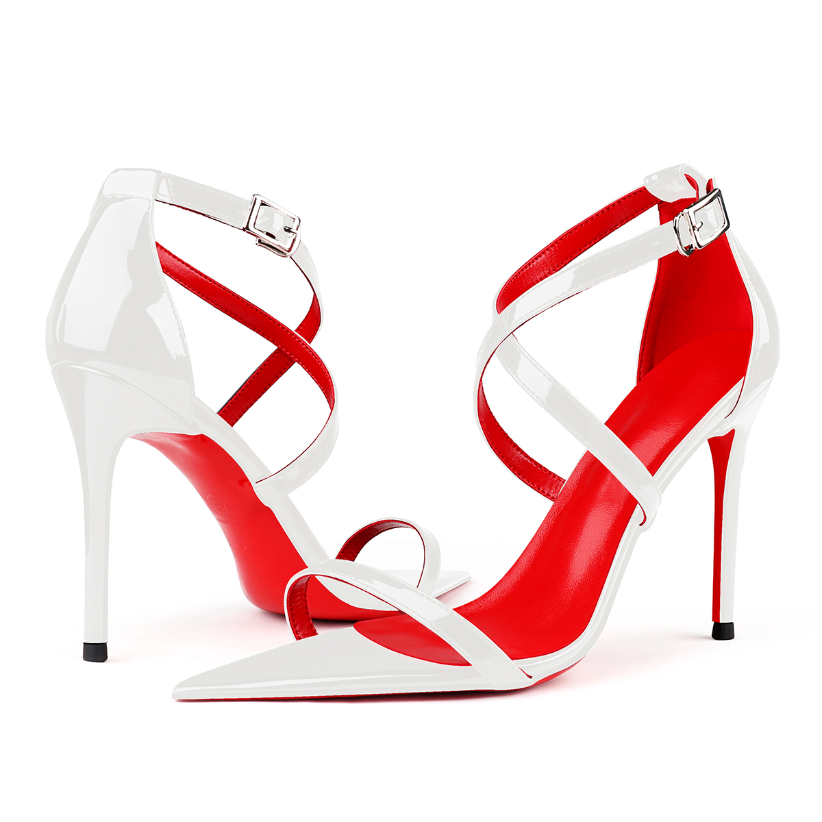 100mm Red Lined Thin Cross Strap Pointed Toe High Heels Red Bottom Party Sandals-MERUMOTE