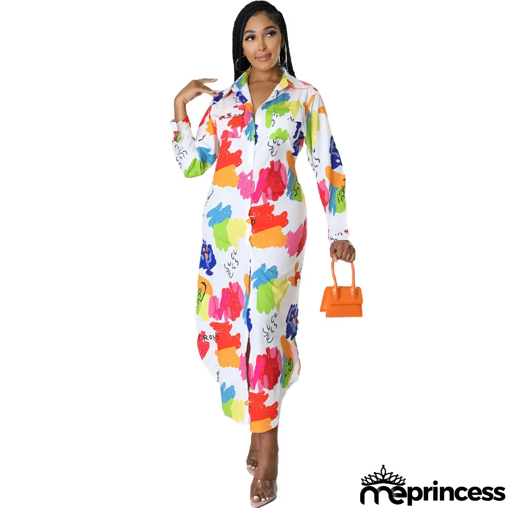 Women Spring Summer Autumn Fashion Sexy Long Shirt Print Casual Long Dress