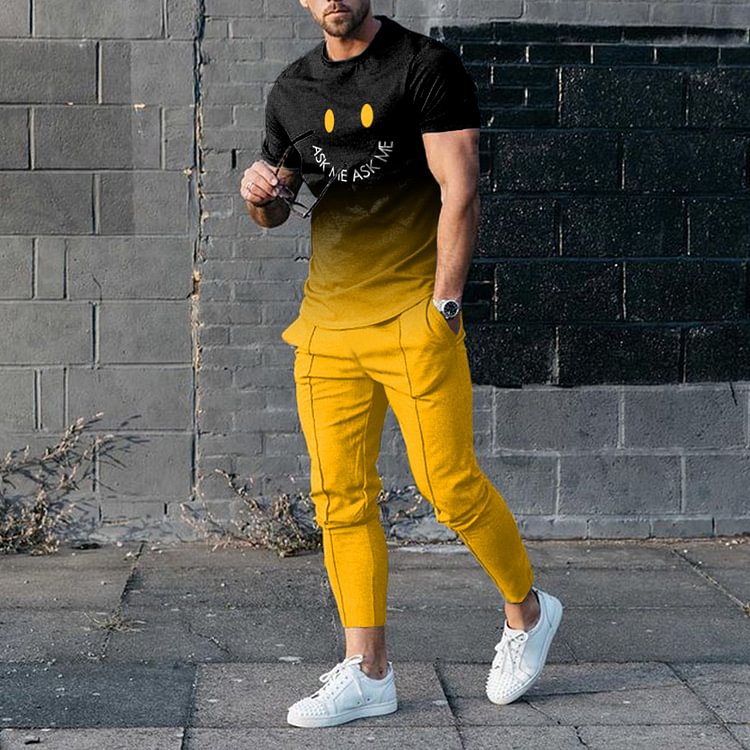 BrosWear Black And Yellow Gradient Sports T-Shirt And Pants Two Piece Set