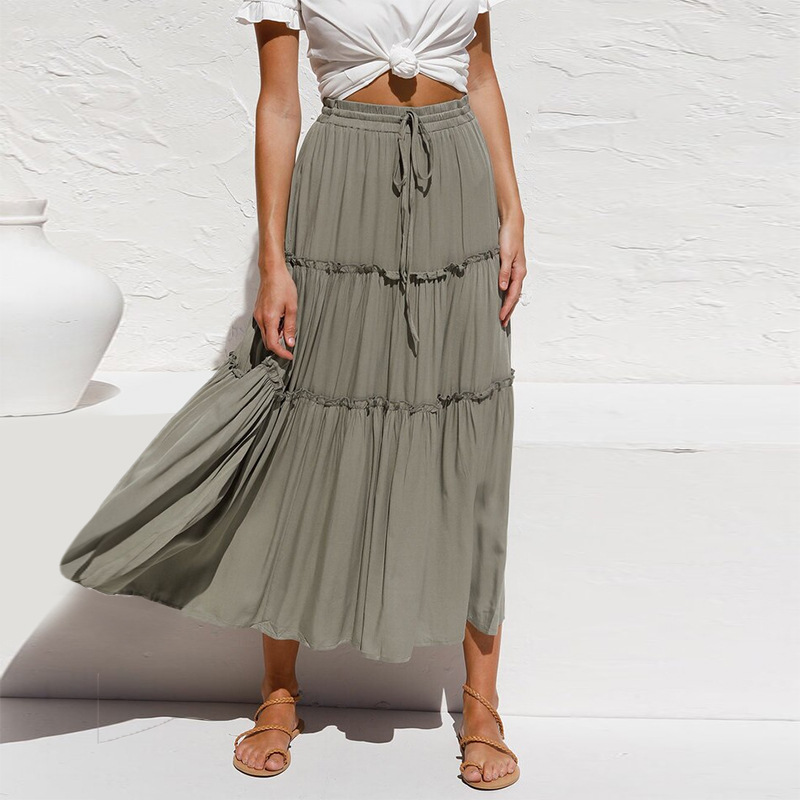 Elastic waist Ruffles Casual Solid Cotton Boho Skirts