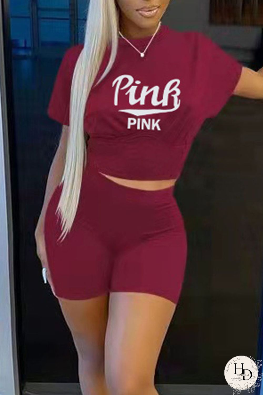 Burgundy Casual Print Patchwork O Neck Short Sleeve Two Pieces