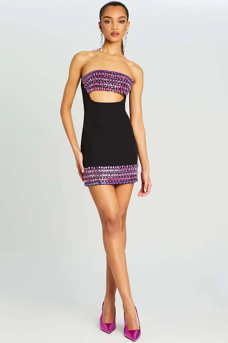 Colorful Rhinestone Strapless Cut Out Mini Dress-Black
